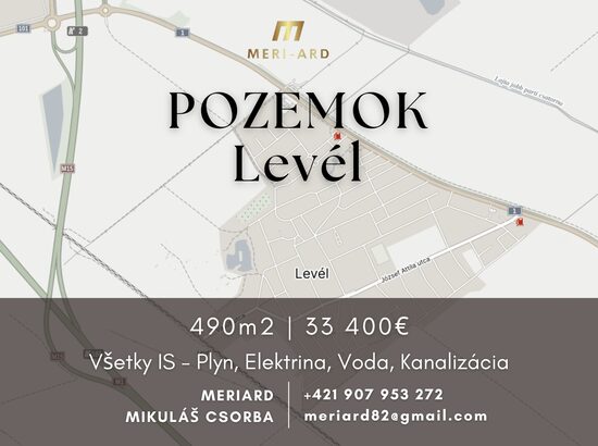 Znížená cena - stavebný pozemok v obci Levél 490m2, všetky IS